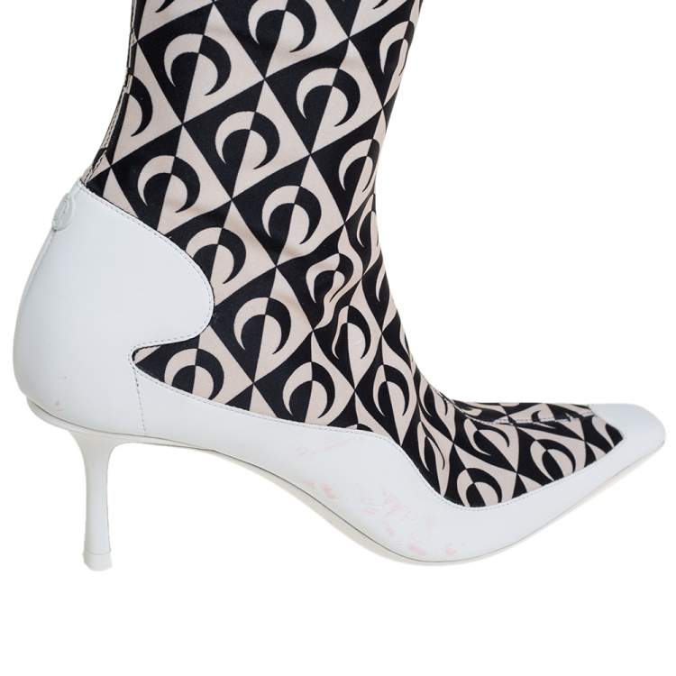 Pre Owned Jimmy Choo White/Black Leather And Stretch Fabric Knee High Boots Size 37