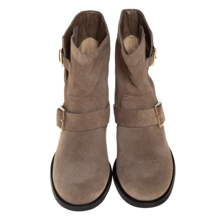 Pre Owned Jimmy Choo Beige Suede Buckle Detail Biker Boots Size 38