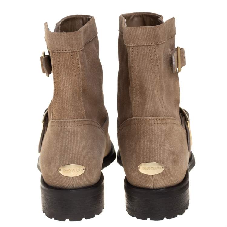 Pre Owned Jimmy Choo Beige Suede Buckle Detail Biker Boots Size 38