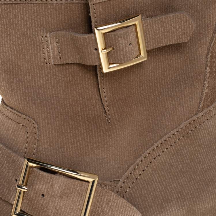 Pre Owned Jimmy Choo Beige Suede Buckle Detail Biker Boots Size 38