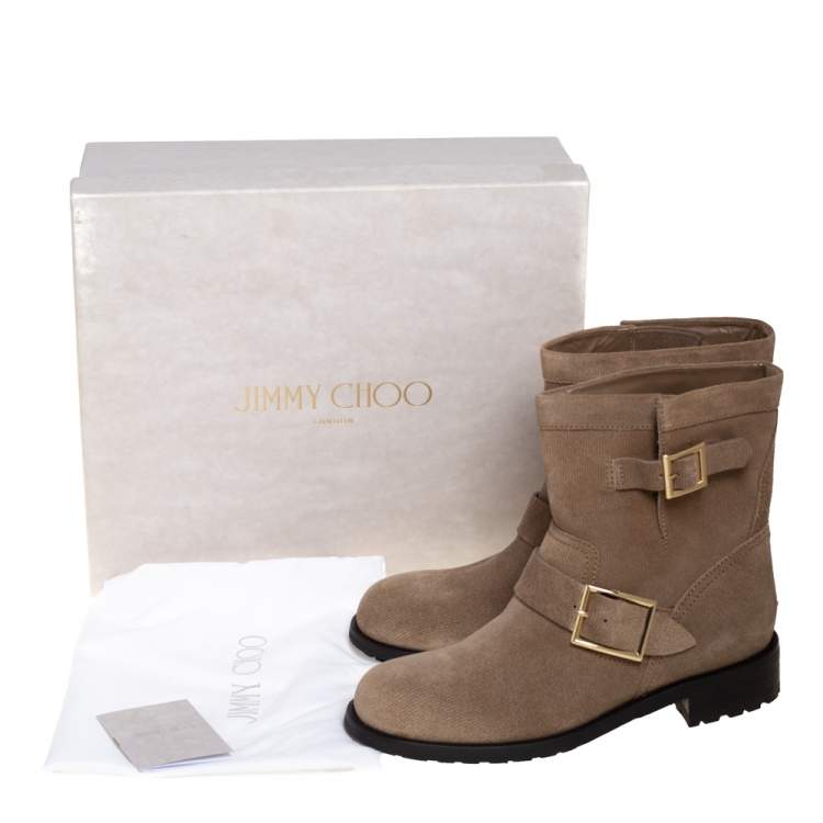 Pre Owned Jimmy Choo Beige Suede Buckle Detail Biker Boots Size 38
