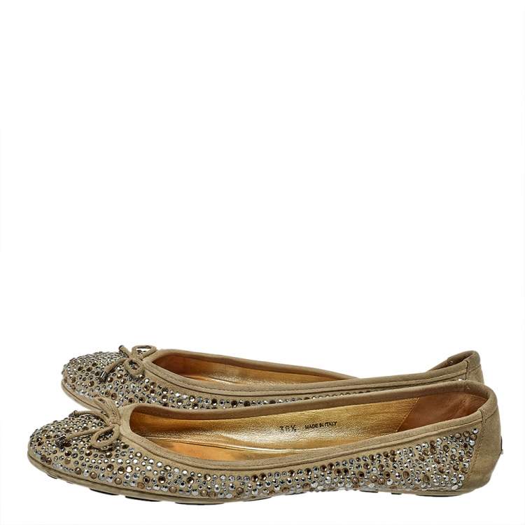 Pre Owned Jimmy Choo Grey Crystal Embellished Suede Weber Ballet Flats Size 38.5