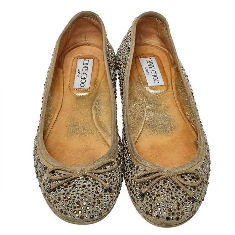 Pre Owned Jimmy Choo Grey Crystal Embellished Suede Weber Ballet Flats Size 38.5