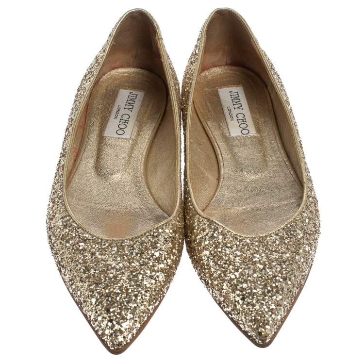 Pre Owned Jimmy Choo Gold Glitter Romy Pointed Toe Flats Size 36
