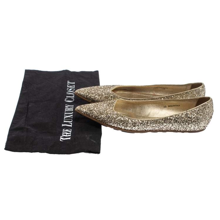 Pre Owned Jimmy Choo Gold Glitter Romy Pointed Toe Flats Size 36