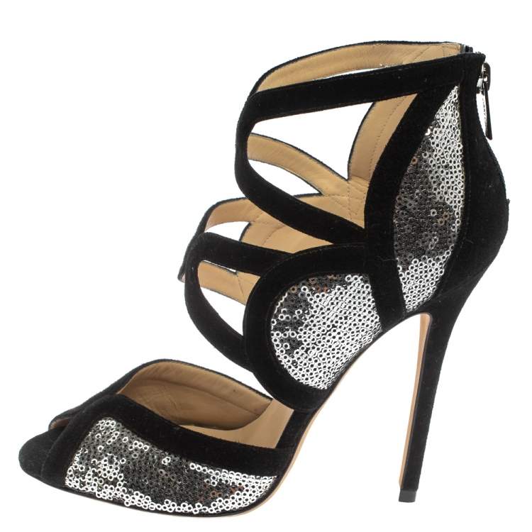 Pre Owned Jimmy Choo Silver/Black Suede and Sequins Tempest Sandals Size 38.5