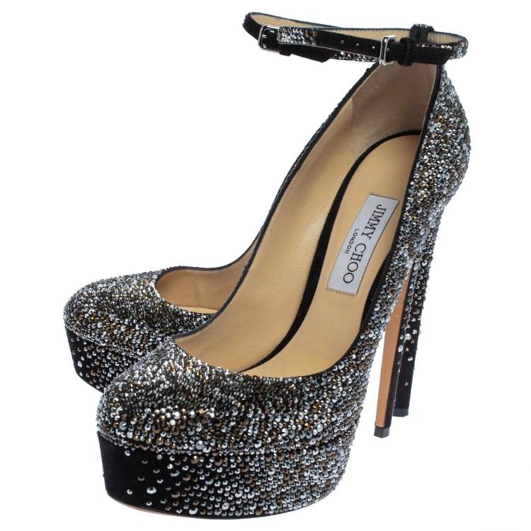 Pre Owned JIMMY CHOO Black Suede Platform Crystals Klerise  Pumps Size 41