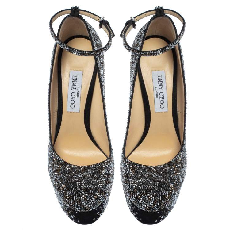 Pre Owned JIMMY CHOO Black Suede Platform Crystals Klerise  Pumps Size 41
