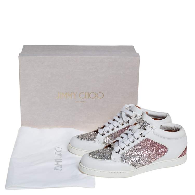 Pre Owned Jimmy Choo White Leather And Glitter Miami Sneakers Size 38