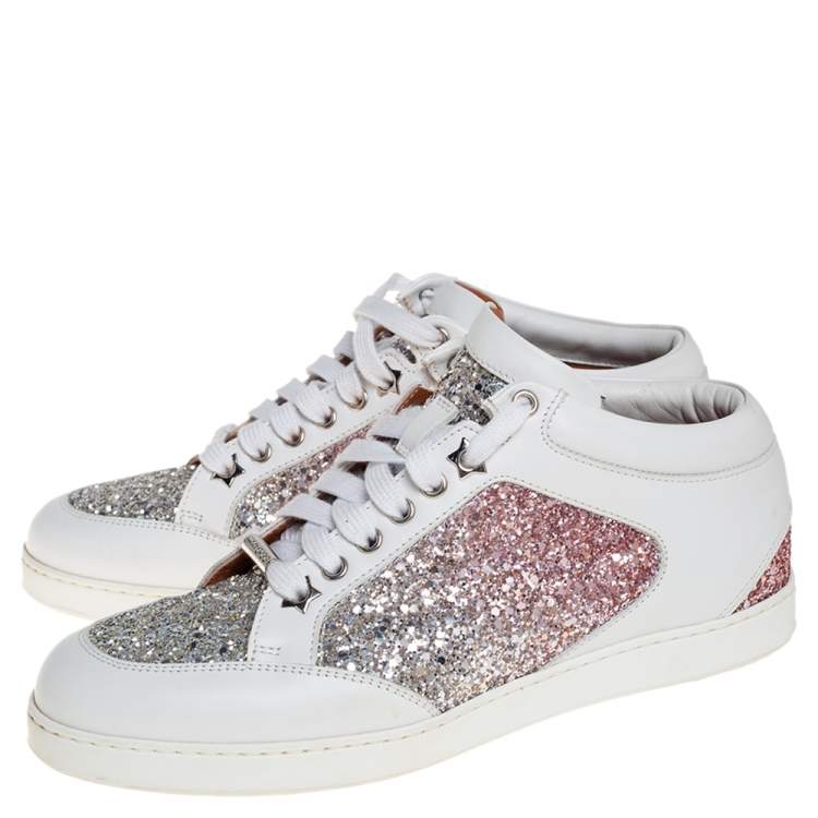 Pre Owned Jimmy Choo White Leather And Glitter Miami Sneakers Size 38