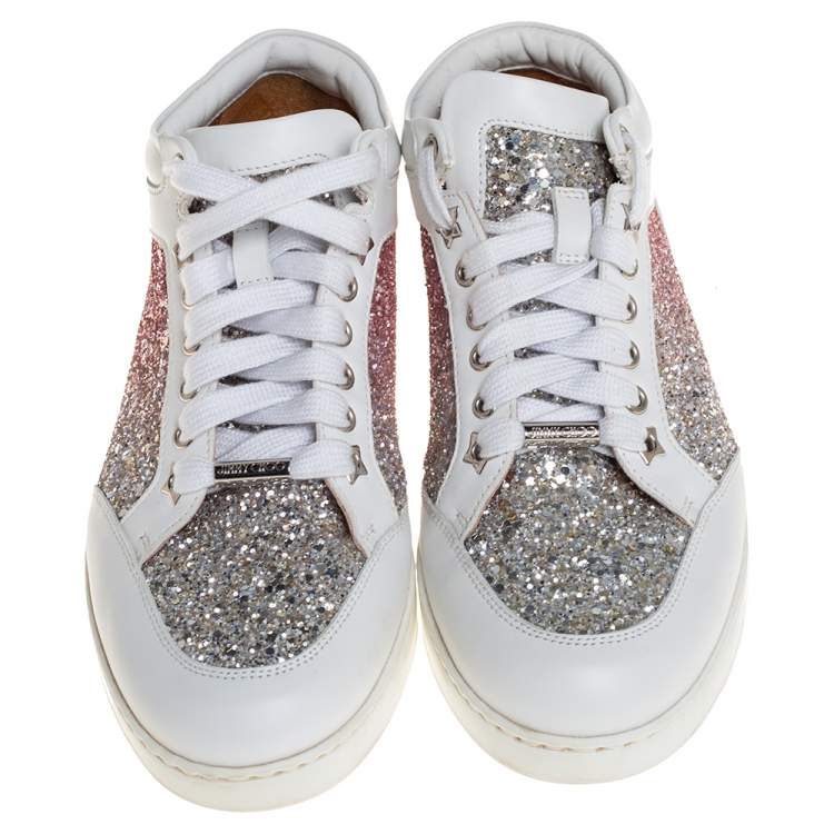 Pre Owned Jimmy Choo White Leather And Glitter Miami Sneakers Size 38