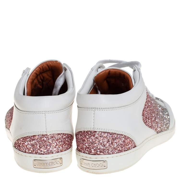 Pre Owned Jimmy Choo White Leather And Glitter Miami Sneakers Size 38