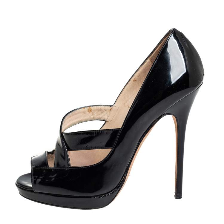 Pre Owned Jimmy Choo Black Patent Leather Gesture Cross Strap Peep Toe Pumps Size 36