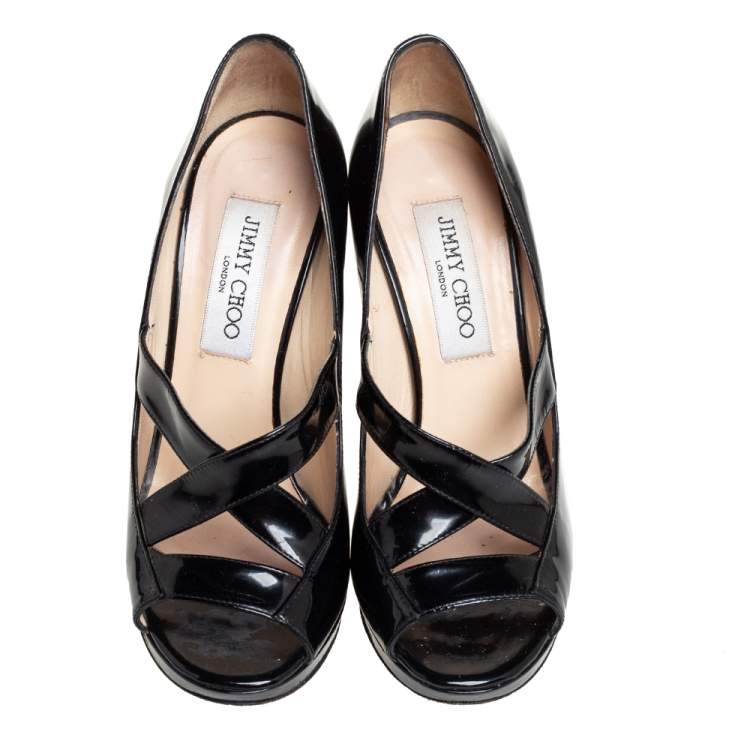 Pre Owned Jimmy Choo Black Patent Leather Gesture Cross Strap Peep Toe Pumps Size 36