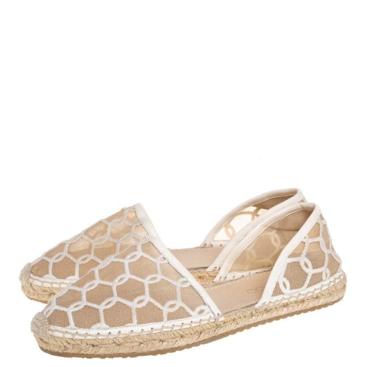 Pre Owned Jimmy Choo White  Embroidered Mesh Dreya D'orsay Flat Espadrilles Size Size 38.5