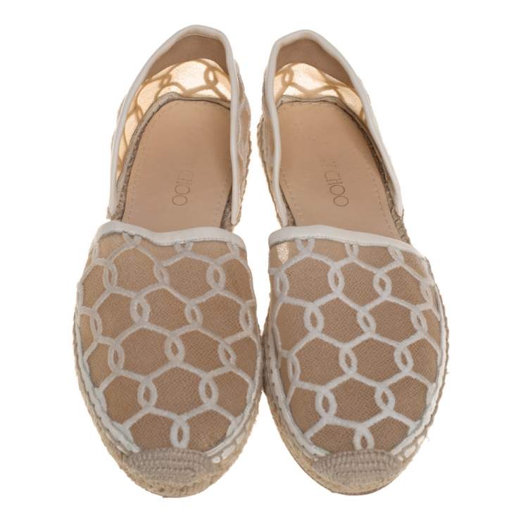 Pre Owned Jimmy Choo White  Embroidered Mesh Dreya D'orsay Flat Espadrilles Size Size 38.5