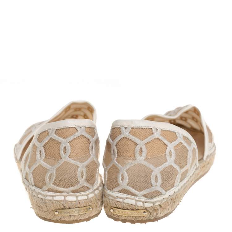 Pre Owned Jimmy Choo White  Embroidered Mesh Dreya D'orsay Flat Espadrilles Size Size 38.5