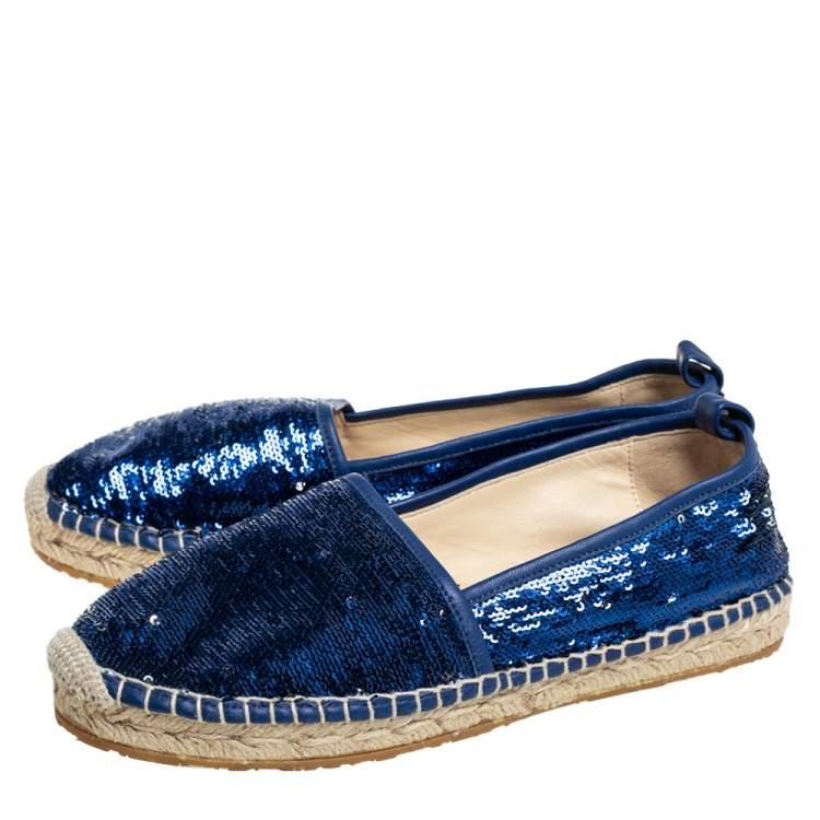 Pre Owned Jimmy Choo Blue Sequin Paksa Flat Espadrilles Size 38