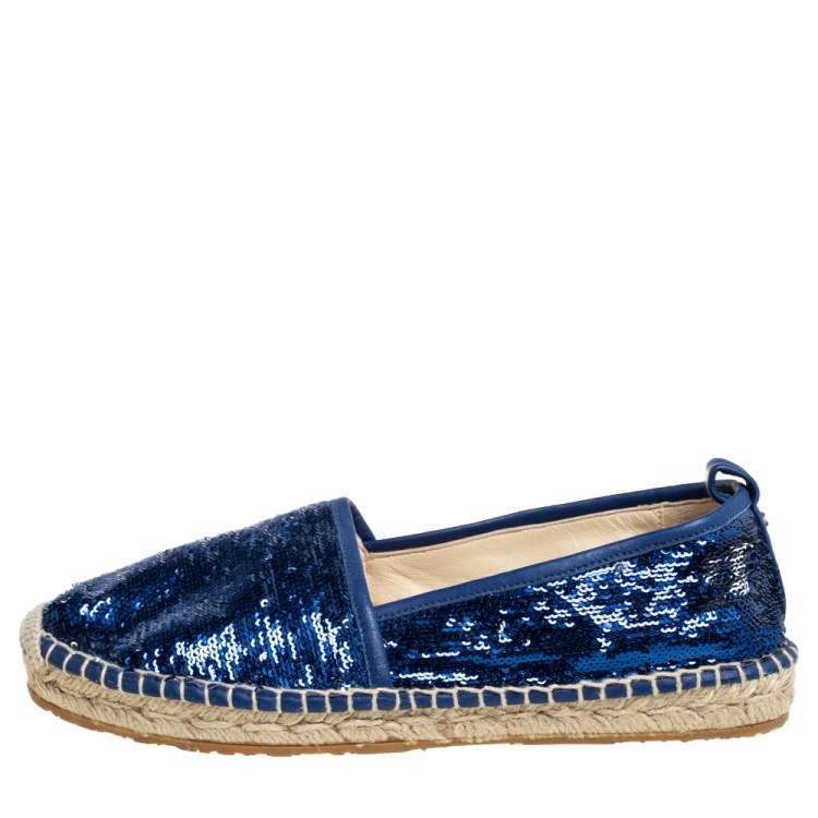 Pre Owned Jimmy Choo Blue Sequin Paksa Flat Espadrilles Size 38