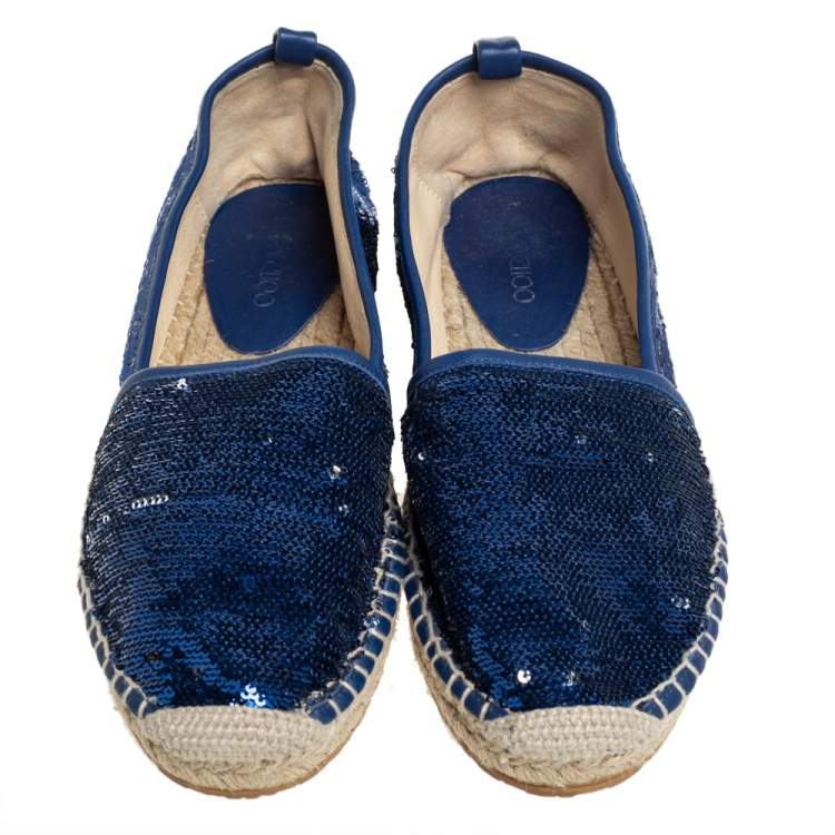 Pre Owned Jimmy Choo Blue Sequin Paksa Flat Espadrilles Size 38