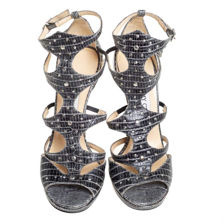 Pre Owned Jimmy Choo Grey Croc Embossed Leather Studded Strappy Sandals Size 36