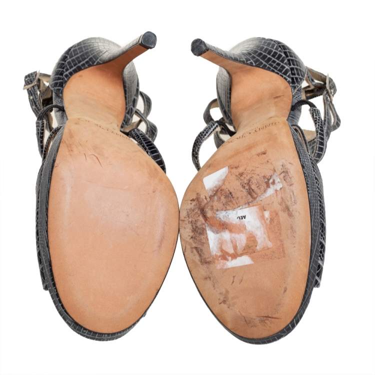 Pre Owned Jimmy Choo Grey Croc Embossed Leather Studded Strappy Sandals Size 36