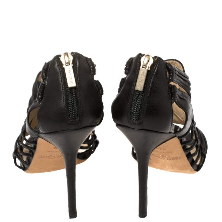 Pre Owned Jimmy Choo Black Leather Cutout Open Toe Booties Size 39.5 