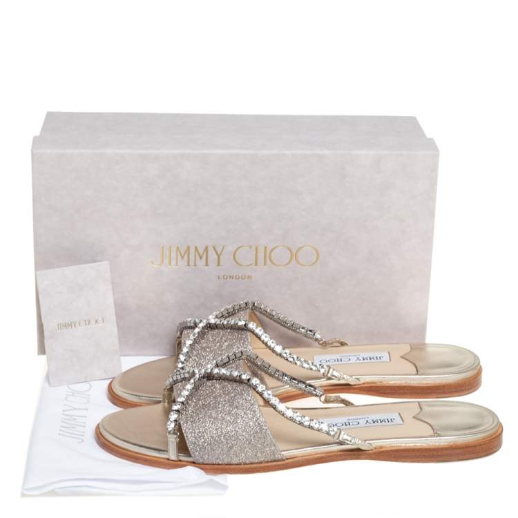 Pre Owned Jimmy Choo Metallic Gold Glitter Aadi Crystal Embellished Flats Size 41