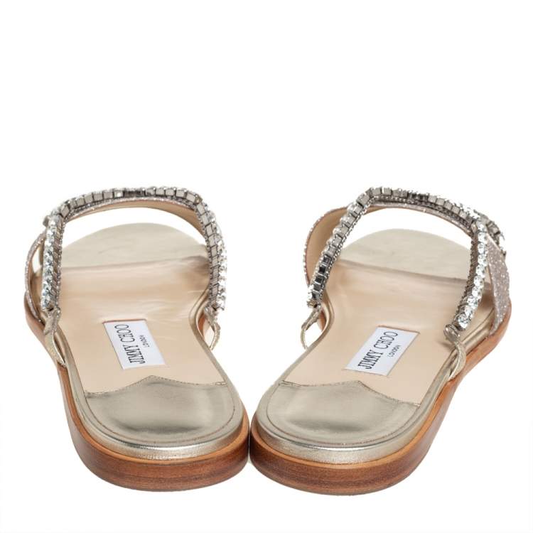 Pre Owned Jimmy Choo Metallic Gold Glitter Aadi Crystal Embellished Flats Size 41