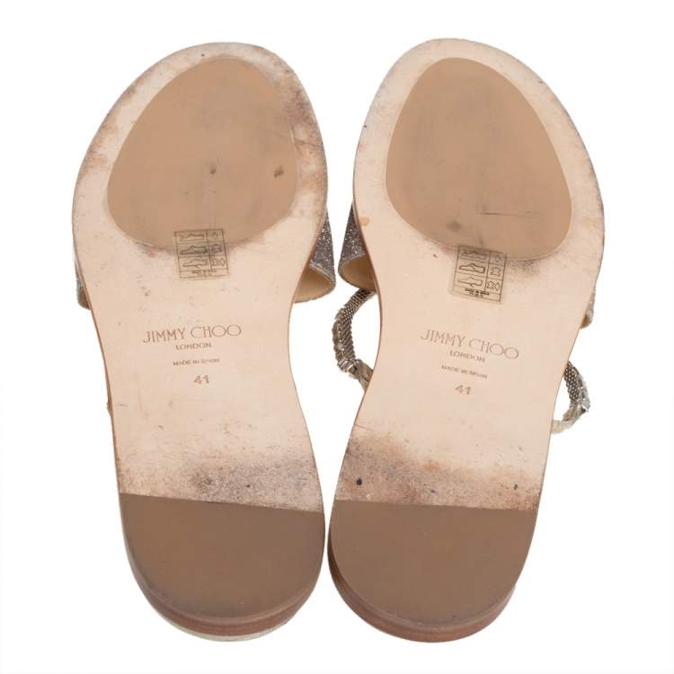 Pre Owned Jimmy Choo Metallic Gold Glitter Aadi Crystal Embellished Flats Size 41
