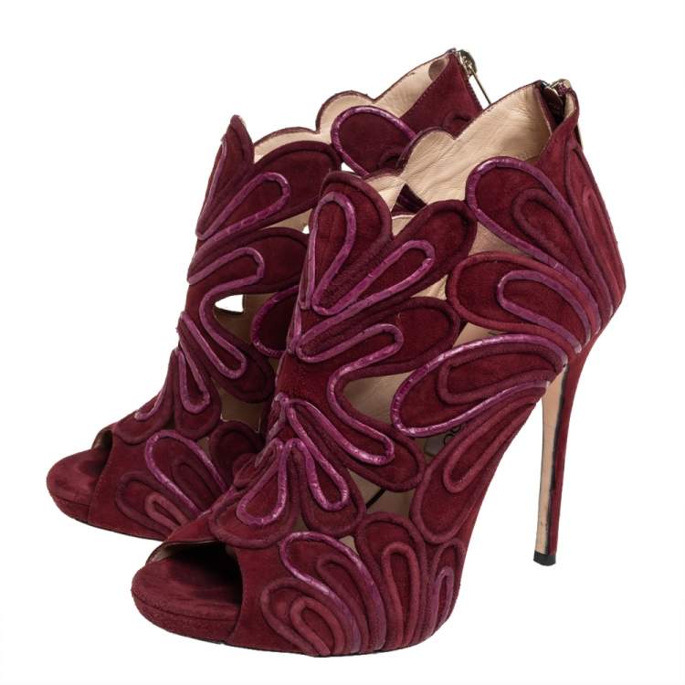 Pre Owned Jimmy Choo Burgundy Suede Cutout Kalipso Peep Toe Booties Size 40
