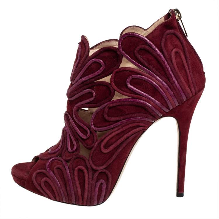 Pre Owned Jimmy Choo Burgundy Suede Cutout Kalipso Peep Toe Booties Size 40