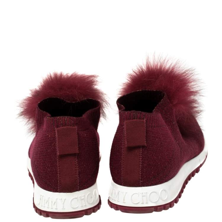 Pre Owned Jimmy Choo Burgundy Knit Fabric And Fur Pom Pom Norway Sneakers Size 38