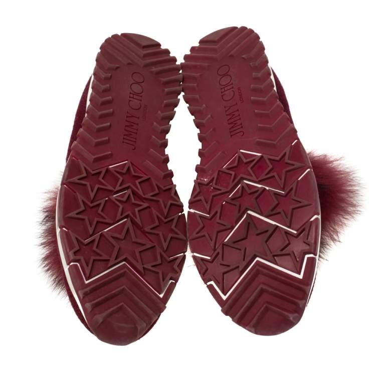 Pre Owned Jimmy Choo Burgundy Knit Fabric And Fur Pom Pom Norway Sneakers Size 38