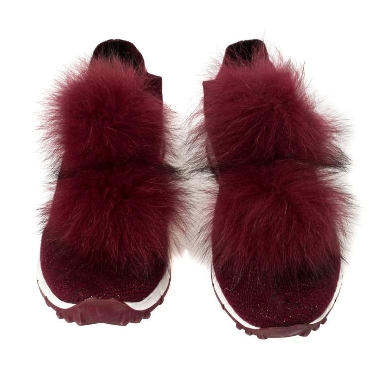 Pre Owned Jimmy Choo Burgundy Knit Fabric And Fur Pom Pom Norway Sneakers Size 38