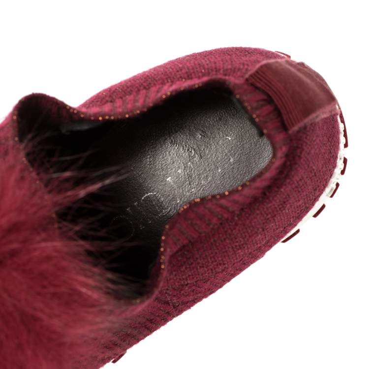 Pre Owned Jimmy Choo Burgundy Knit Fabric And Fur Pom Pom Norway Sneakers Size 38