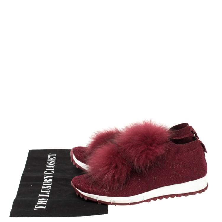 Pre Owned Jimmy Choo Burgundy Knit Fabric And Fur Pom Pom Norway Sneakers Size 38