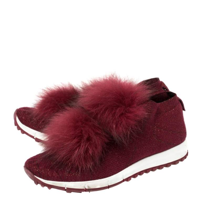 Pre Owned Jimmy Choo Burgundy Knit Fabric And Fur Pom Pom Norway Sneakers Size 38