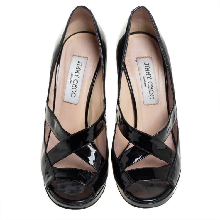 Pre Owned Jimmy Choo Black Patent Leather Gesture Cross Strap Peep Toe Pumps Size 36.5