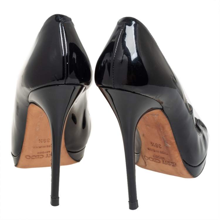Pre Owned Jimmy Choo Black Patent Leather Gesture Cross Strap Peep Toe Pumps Size 36.5