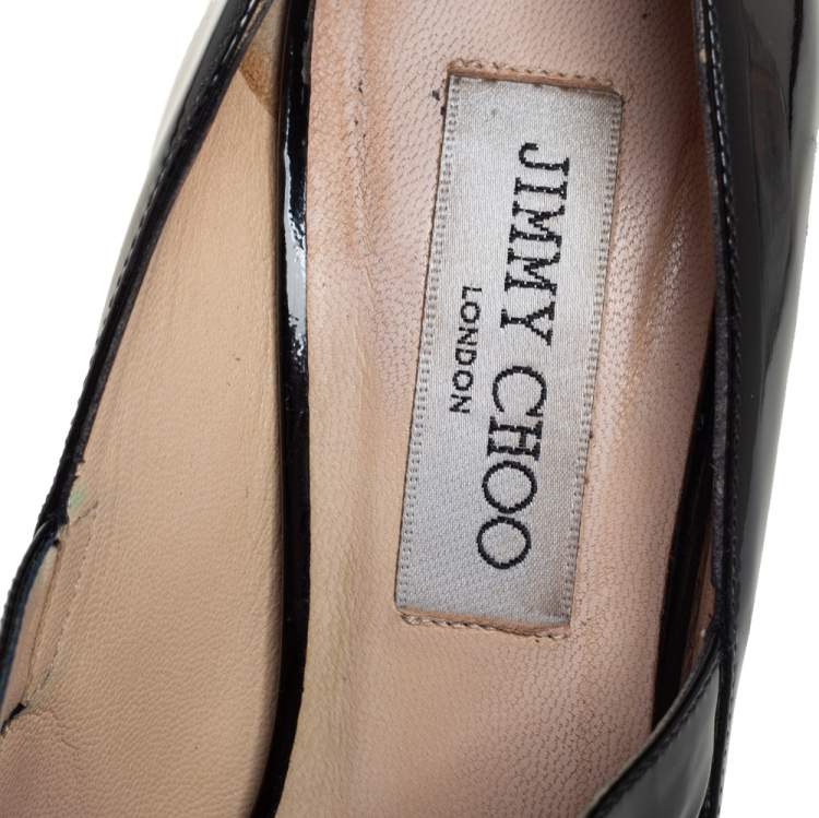 Pre Owned Jimmy Choo Black Patent Leather Gesture Cross Strap Peep Toe Pumps Size 36.5