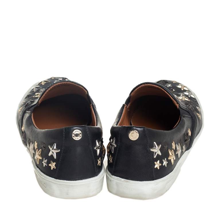Pre Owned Jimmy Choo Black Leather Star Embellishment Low Top Sneakers Size 38.5