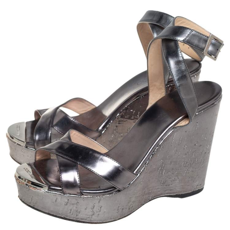 Pre Owned Jimmy Choo Metallic Silver Leather Crisscross Wedges Size 36.5