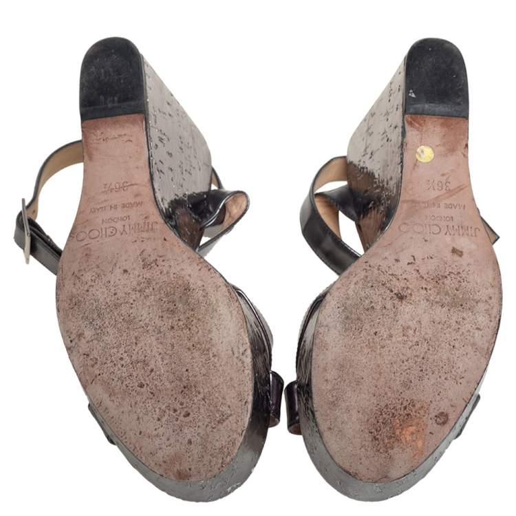 Pre Owned Jimmy Choo Metallic Silver Leather Crisscross Wedges Size 36.5