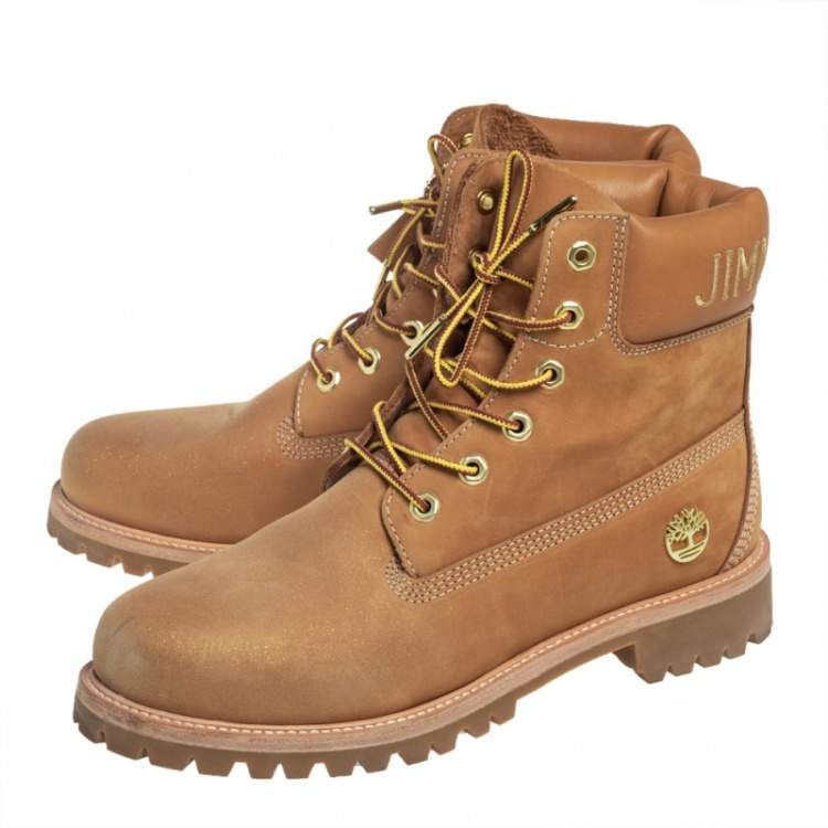 Pre Owned Jimmy Choo x Timberland Tan Glitter Nubuck Leather Ankle Boots Size 41.5