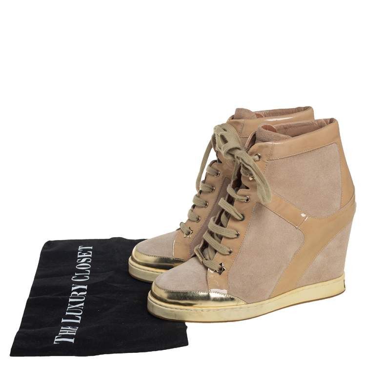 Pre Owned Jimmy Choo Beige Suede and Patent Leather Panama Wedge Sneakers Size 37.5