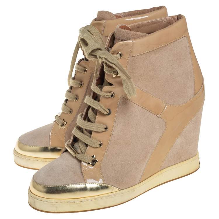 Pre Owned Jimmy Choo Beige Suede and Patent Leather Panama Wedge Sneakers Size 37.5