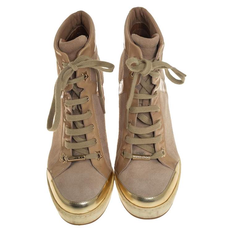 Pre Owned Jimmy Choo Beige Suede and Patent Leather Panama Wedge Sneakers Size 37.5