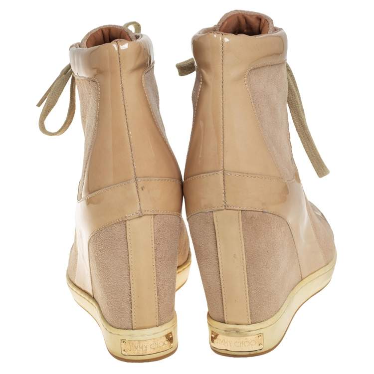 Pre Owned Jimmy Choo Beige Suede and Patent Leather Panama Wedge Sneakers Size 37.5