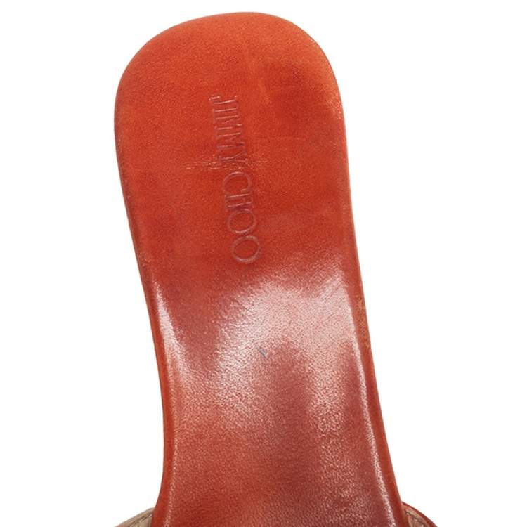 Pre Owned Jimmy Choo Orange Leather Perfume Cork Wedge Platform Sandals Size 39.5